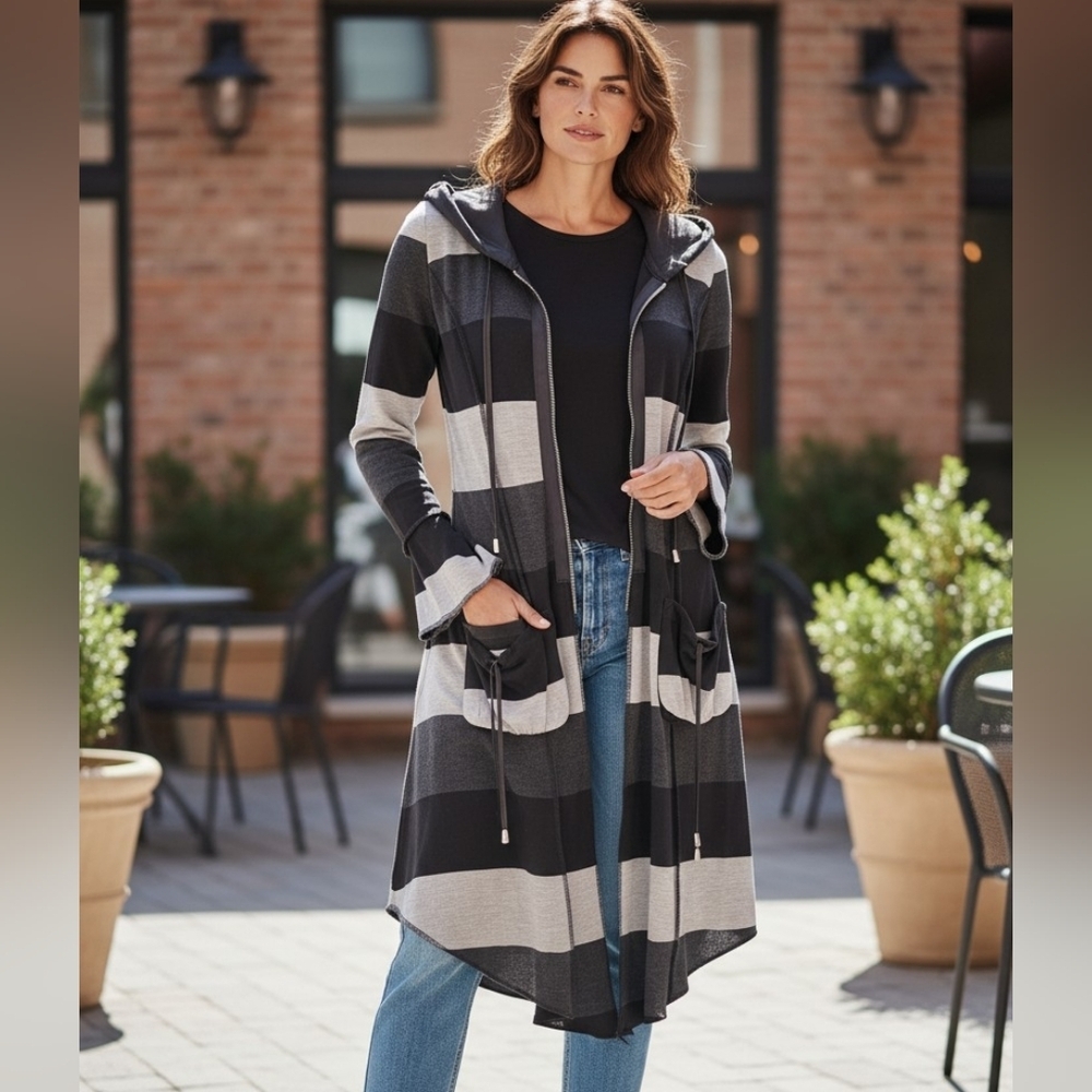 Joseph Ribkoff Womem's Black & Gray Cardigan Jacket With Wood Made In Canada